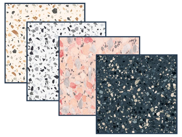 Geometric and patterned terrazzo tile samples