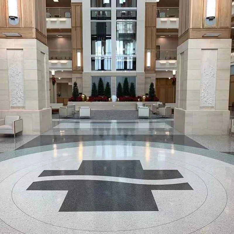 Large lobby with circular geometric terrazzo patterns