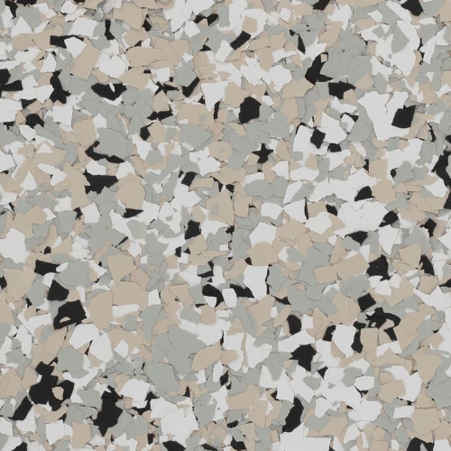 Light gray, tan, and black epoxy floor flakes