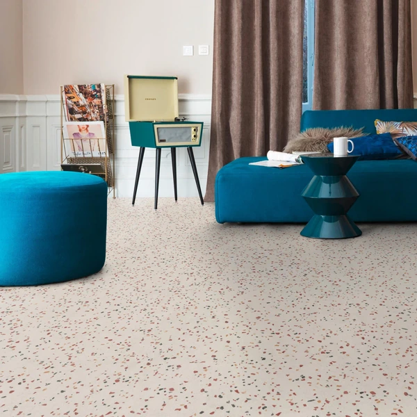 Minimalist Bedroom with light pink terrazzo floor