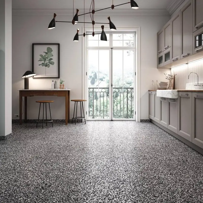 Minimalist kitchen with dark salt-and-pepper terrazzo