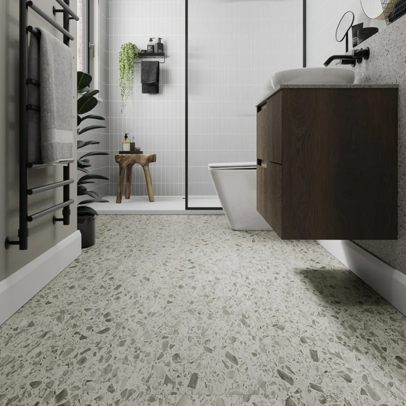 Modern bathroom with grey terrazzo tile flooring