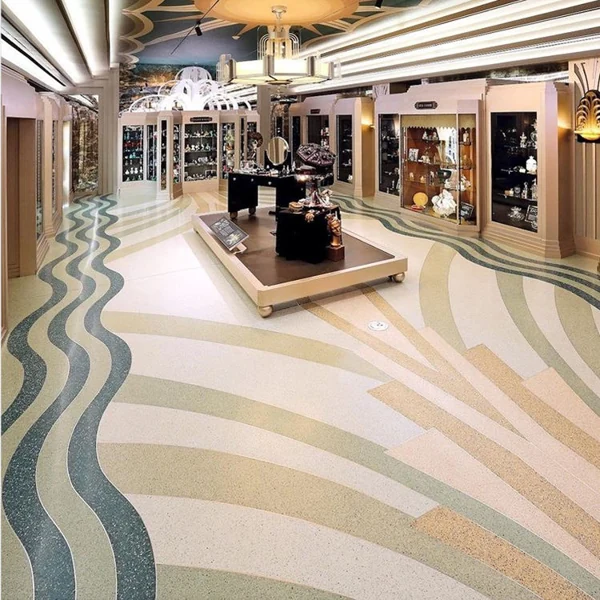 Ornate retail Showroom floor with wavy terrazzo patterns