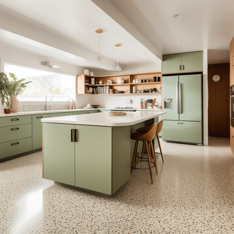 Sage green kitchen with light tan terrazzo floors